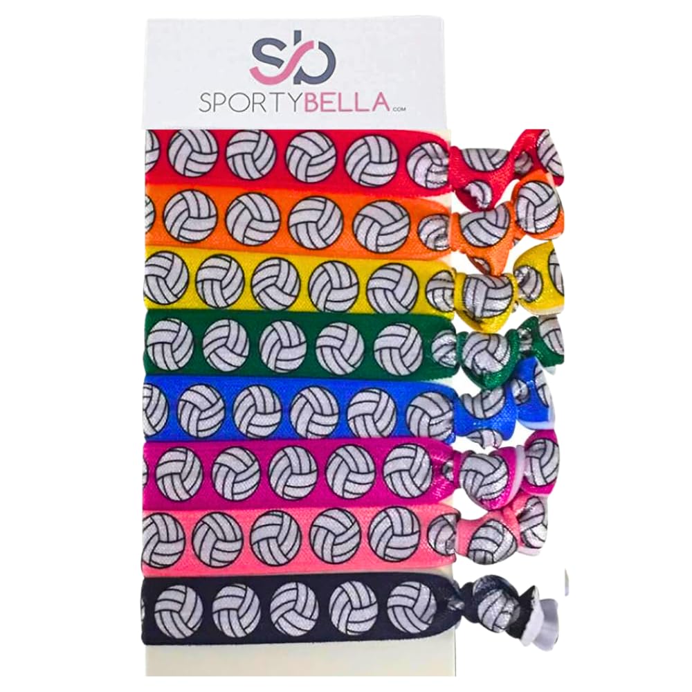 Sportybella Multicolored Volleyball Hair Ties for Girls - No Crease Elastics for Players, 8pcs