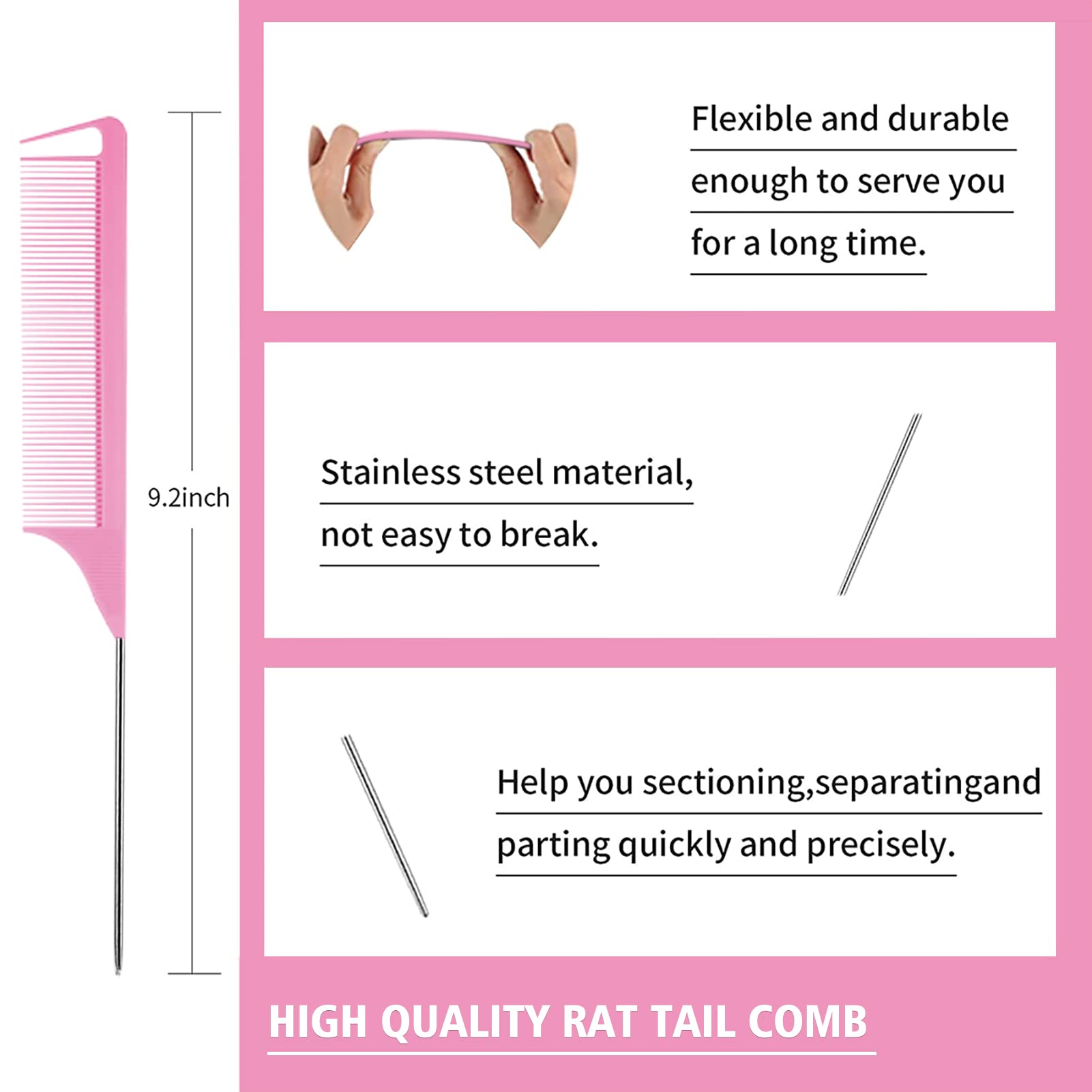 12 Pieces Hair Styling Comb Hair Brush Set, Nylon Teasing Hair Brush Rat Tail Comb With Duckbill Clips, Double Sided Edge Brush