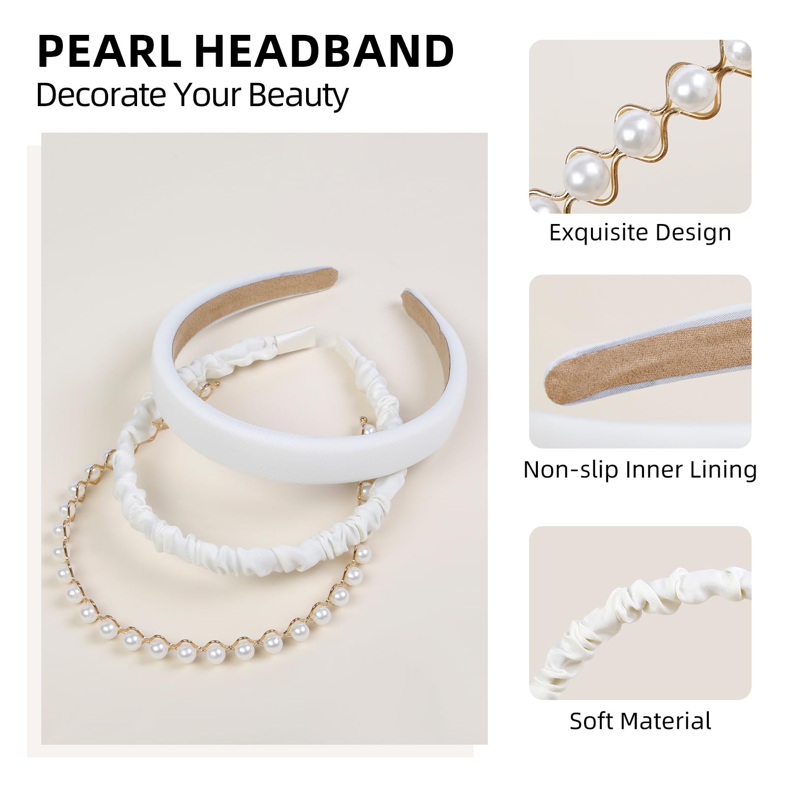 Tebiekoy 3Pcs Headbands For Women Girls, White Pearl Headband Non Slip Wide Head Bands For Womens Hair Fashion Padded Headband C