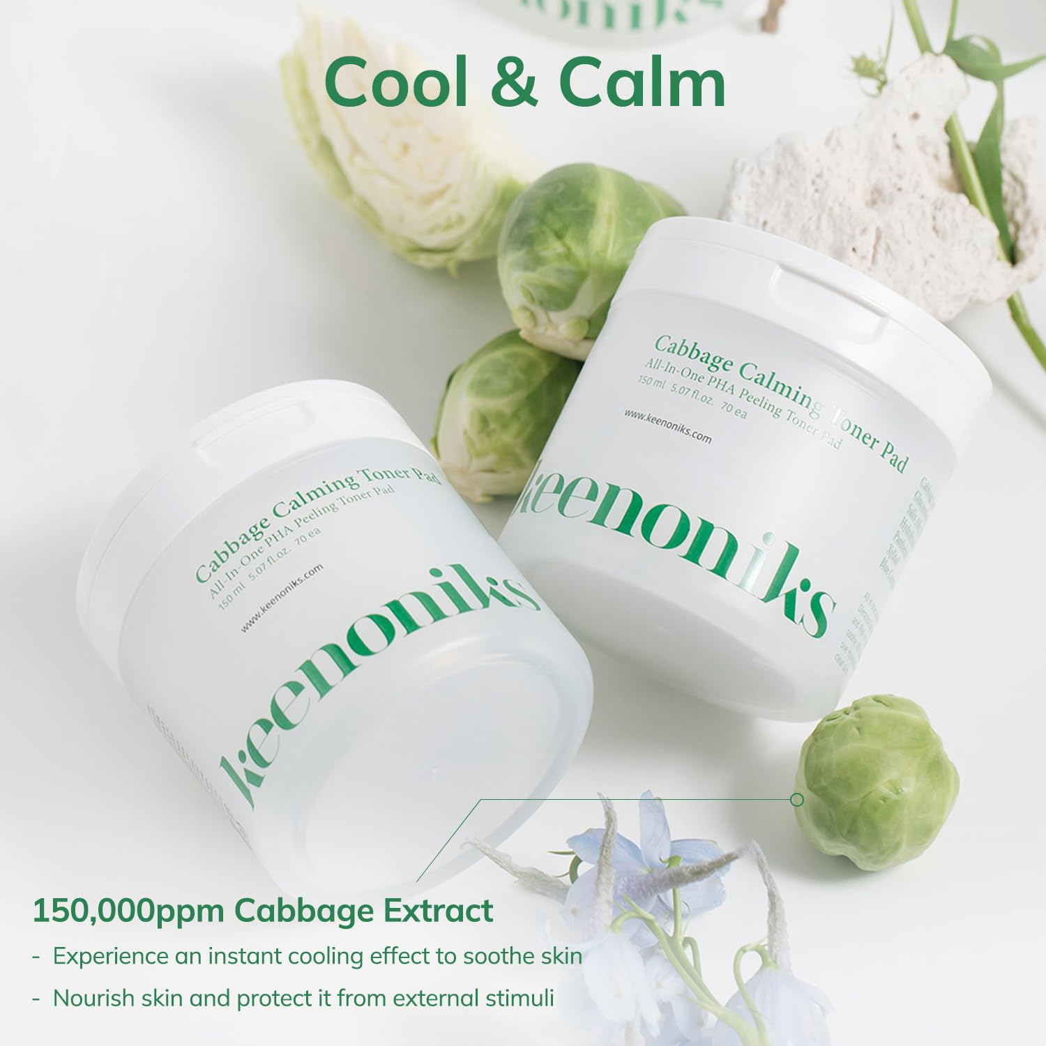 Keenoniks Dual Texture Toner Pads with Essence 70ea Value Pack - Cabbage Calming to Soothe, Minimize Pores and Control Sebum | W