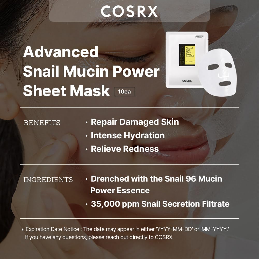 Cosrx Snail Mucin Sheet Mask 10 Ea With Snail Mucin Serum, Self Care, Face Masks For Dry, Sensitive Skin, Not Tested On Animals,