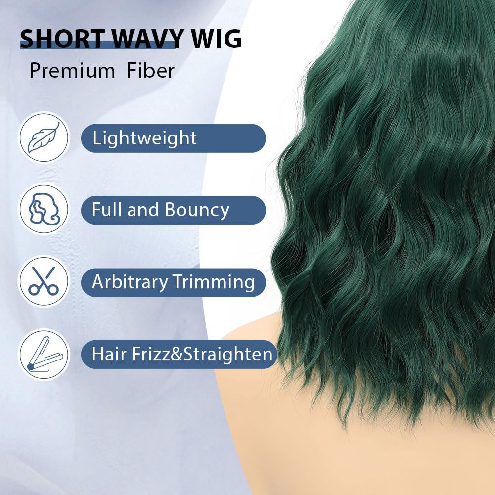 Losmoeer Dark Green Wig With Bangs Short Wavy Wigs For Women Shoulder Length Curly Bob Wigs Heat Resistant Synthetic Wigs For Ha