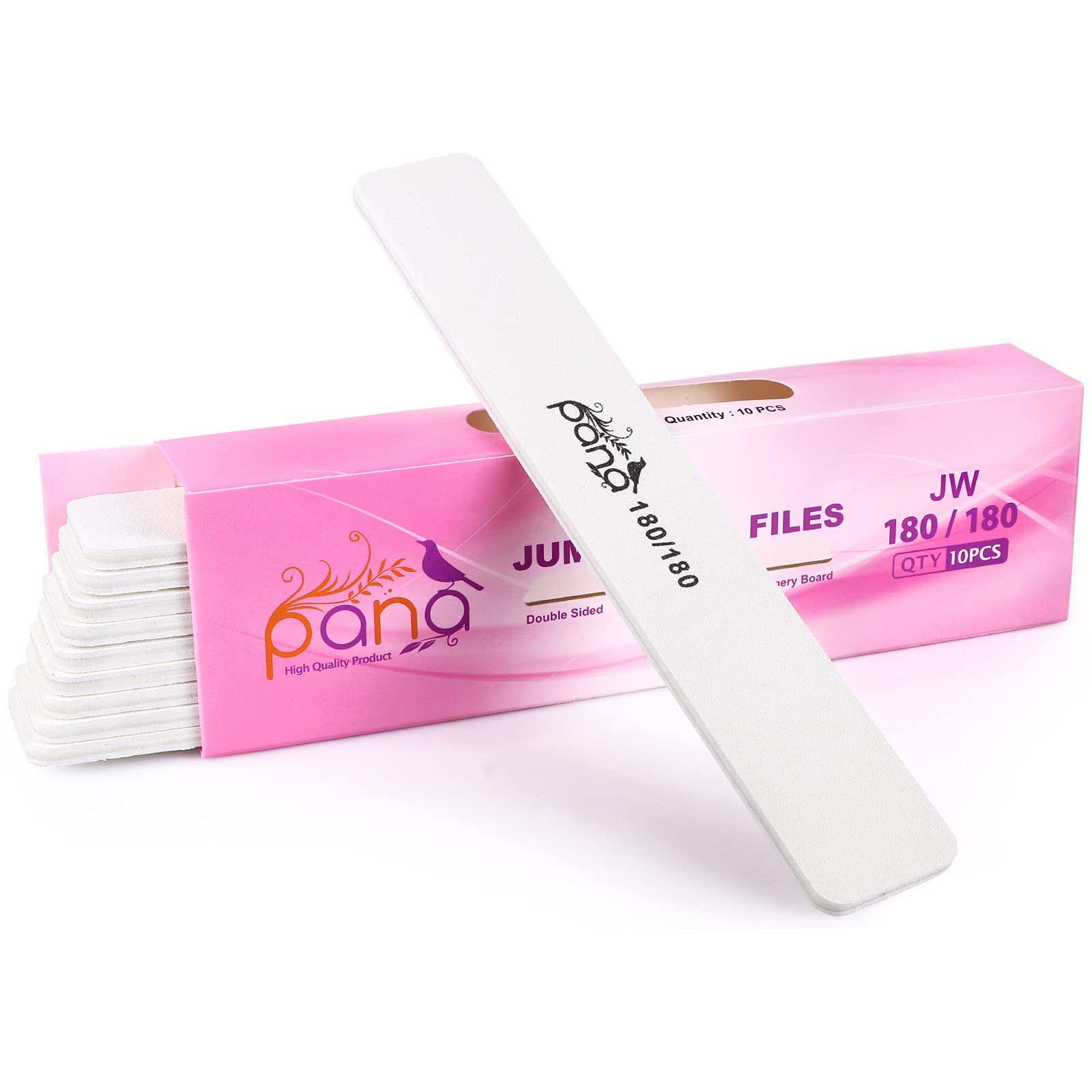 10PCS Jumbo Size PANA Professional Double Sided Nail Files - White, 180/180 Grit - Emery Board Nail Buffering File Manicure Pedi