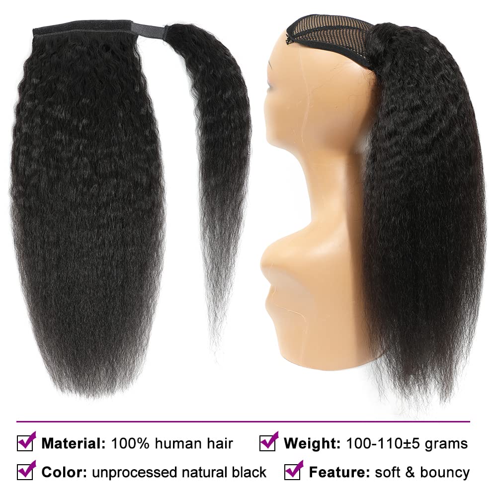 Adette 18 Inch Human Hair Yaki Straight Ponytail Hair Extensions Wrap Around Kinky Straight Ponytails Magic Paste Clip In Pony T