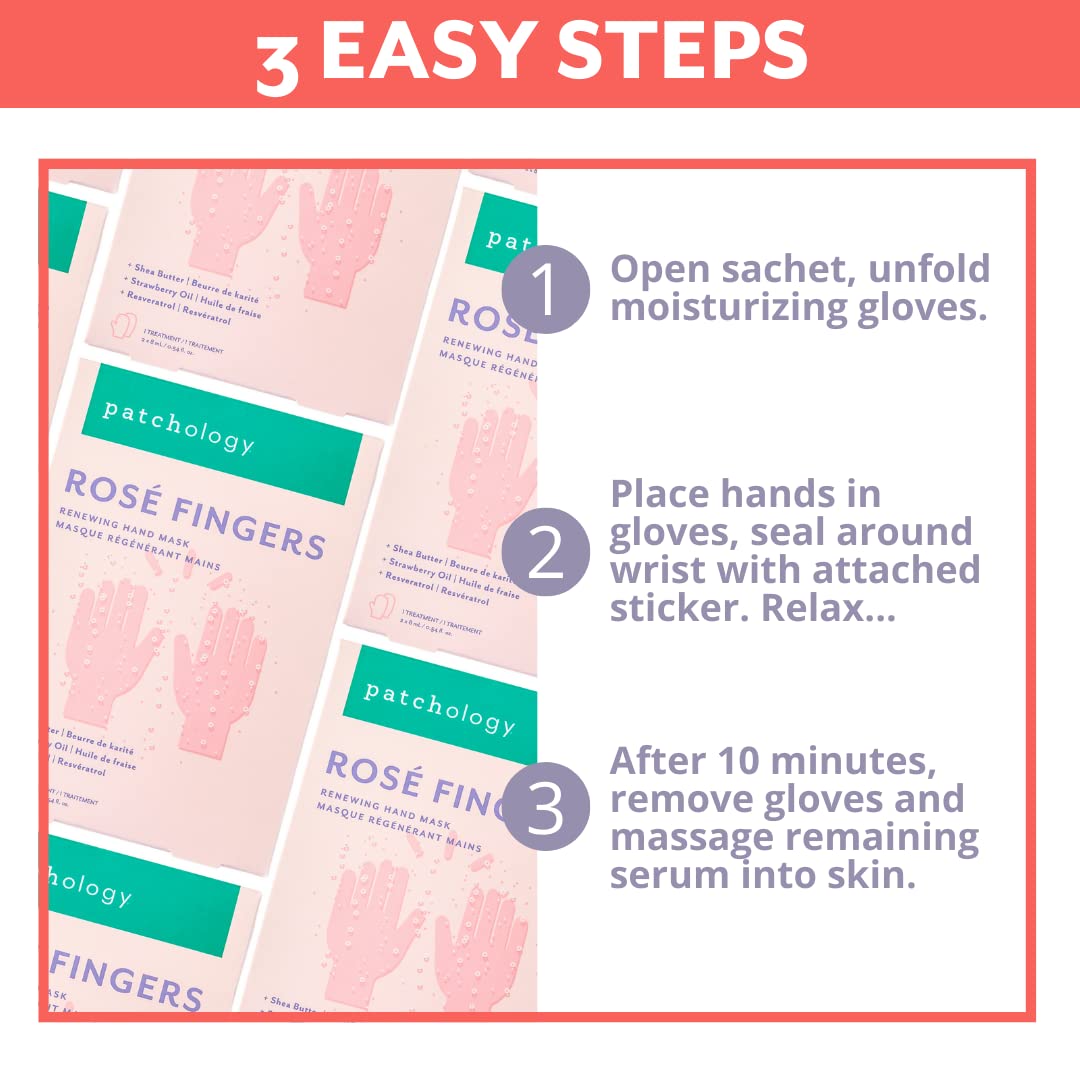 Patchology Rose Fingers Renewing Hand Mask - Strawberry Scented Moisturizing Gloves, Hand Masks For Dry & Cracked Hands, Shea Bu