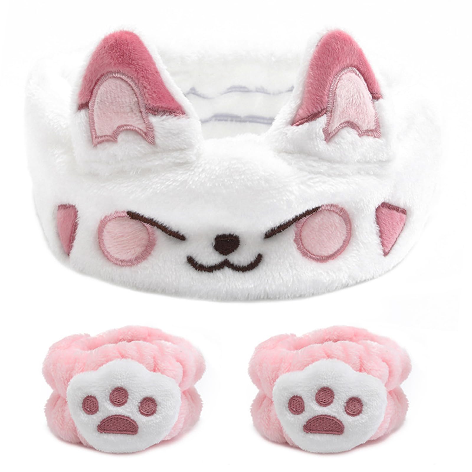 Canitor Face Wash Headband with Wrist Bands Soft Coral Fleece Spa Headband Makeup Headband Cute Animal Cat Ears Elastic Skincare