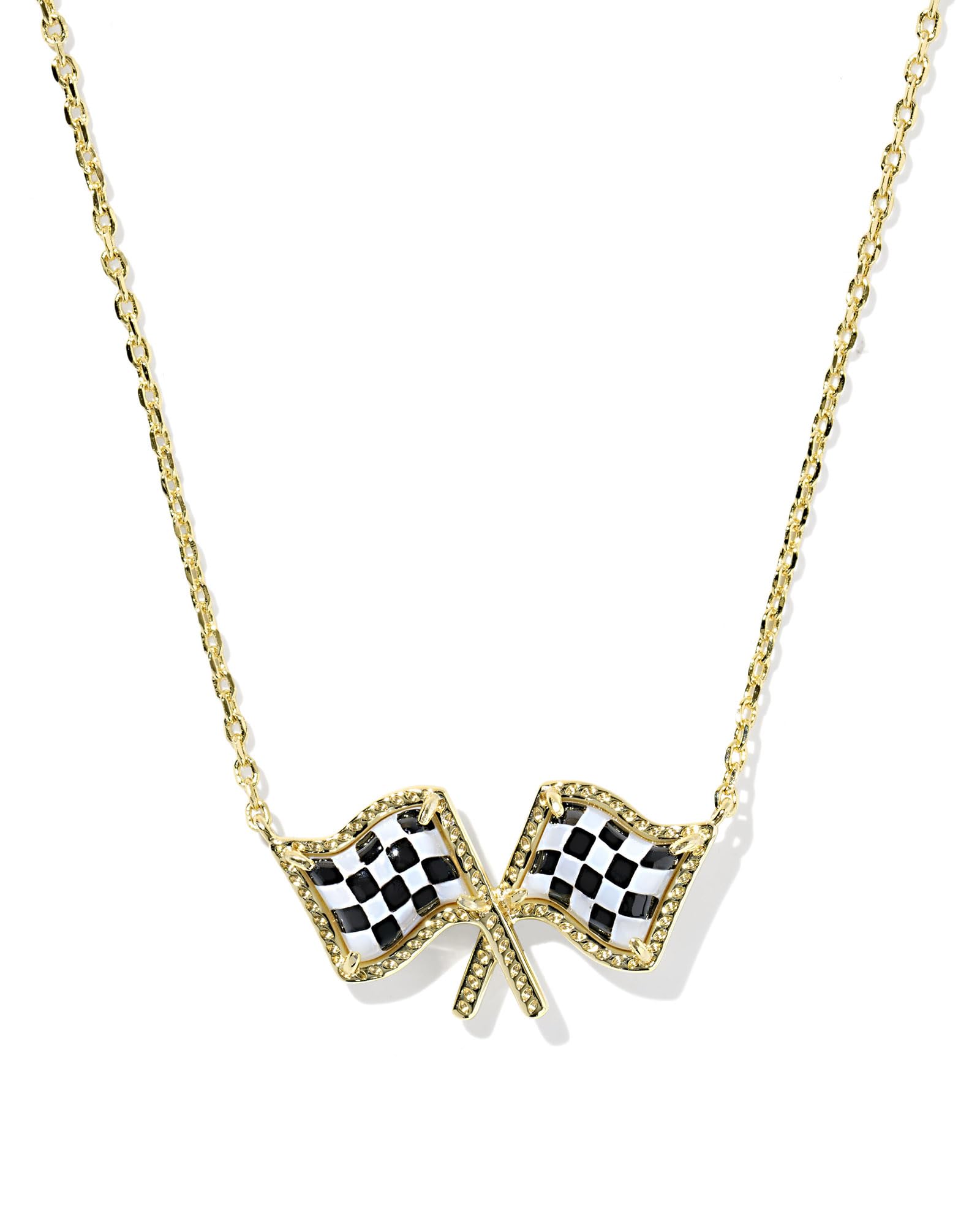 Kendra Scott Checkered Flag Pendant Necklace in White Mother Of Pearl, 14k Gold-Plated Brass, Fashion Jewelry for Women