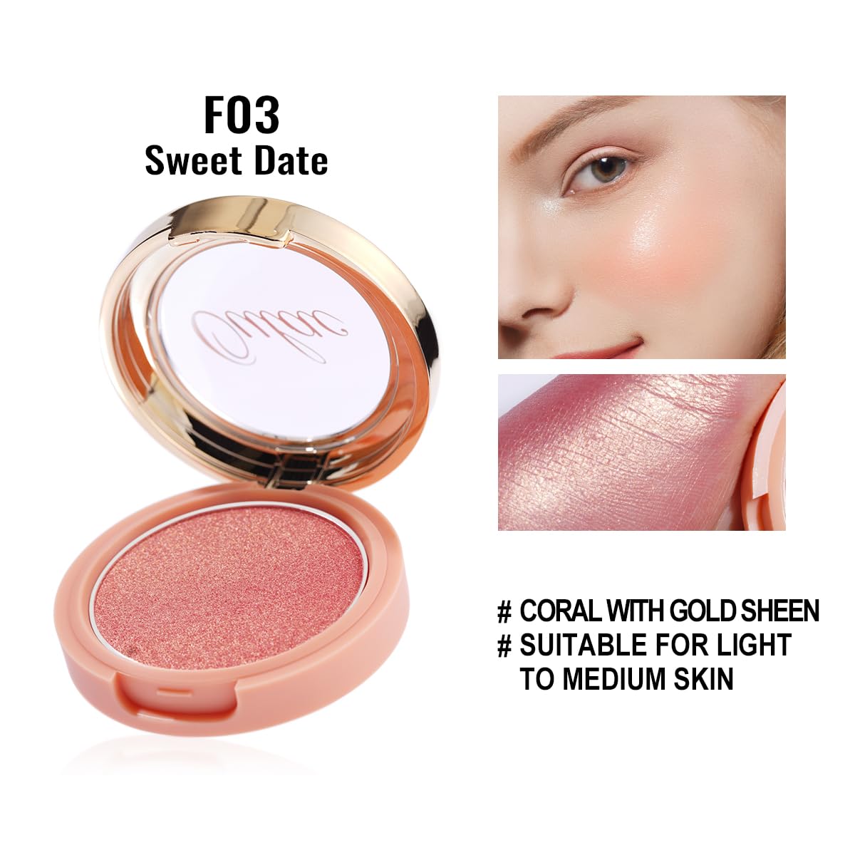 Oulac Luminous Blush Makeup Glow Coral Gold|Powdery Blush Highlighter Cheek| Pigmented&Blendable | Shape & Highlight Face| Vegan