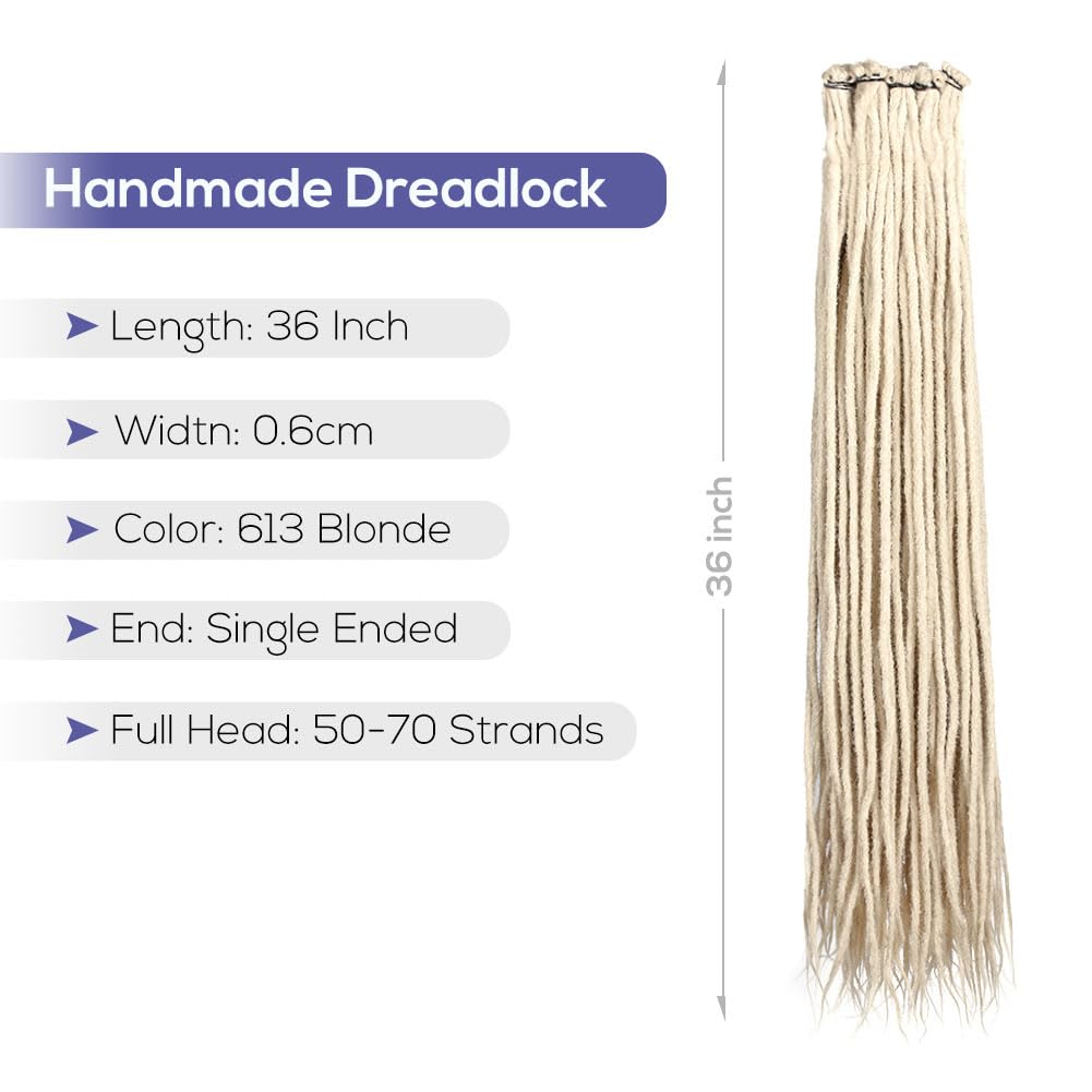 Kraler 36 Inch Blonde Dreadlock Extensions, Long Synthetic Crochet Dreads Extensions Handmade Soft Single Ended Dreads Thin 0.6c