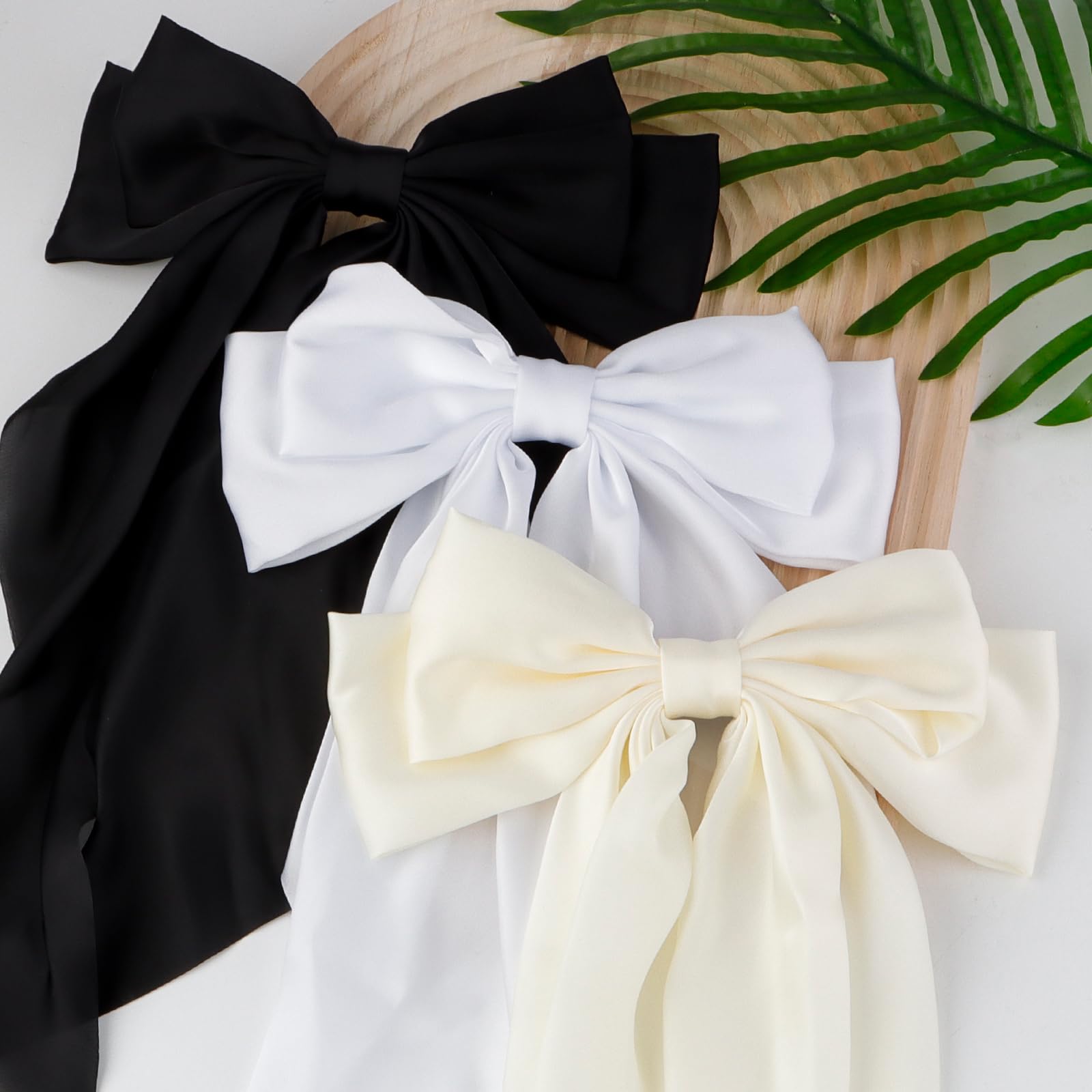 Canitor Hair Bows For Women Silky Satin Hair Ribbon Hair Barrettes Clip Oversized Long Tail Black White Hair Bows Cute Aesthetic