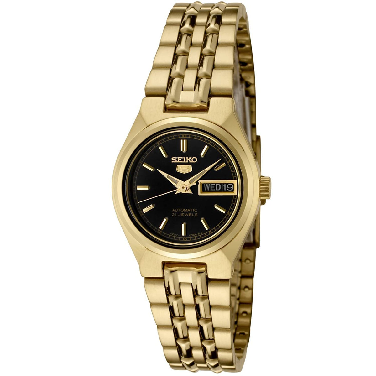 Seiko Women'S Syma06K Seiko 5 Automatic Black Dial Gold-Tone Stainless ...