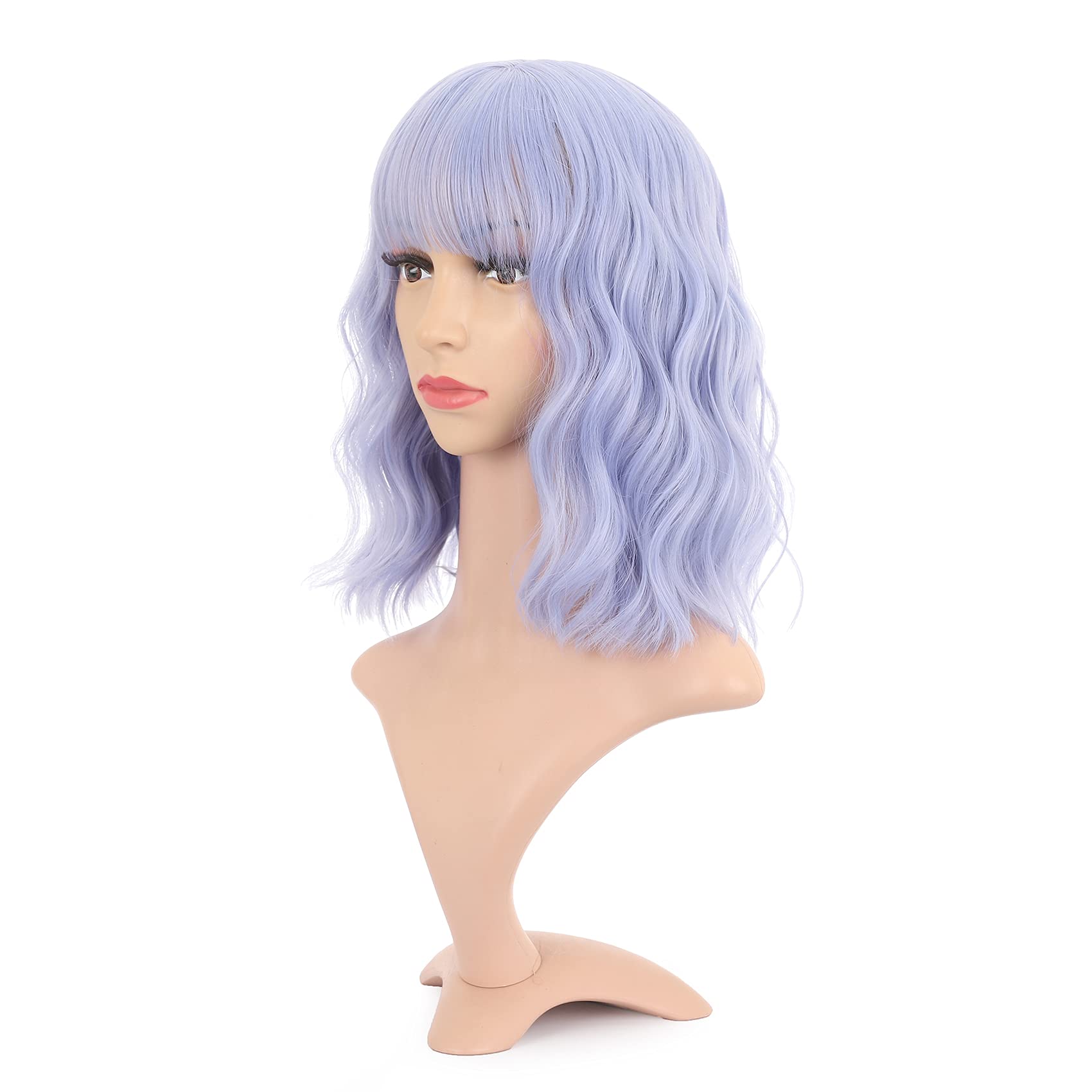 VCKOVCKO Natural Wavy Wig With Air Bangs Short Bob Grey Blue Wigs Women's Shoulder Length Wigs Curly Wavy Synthetic Cosplay Wig 