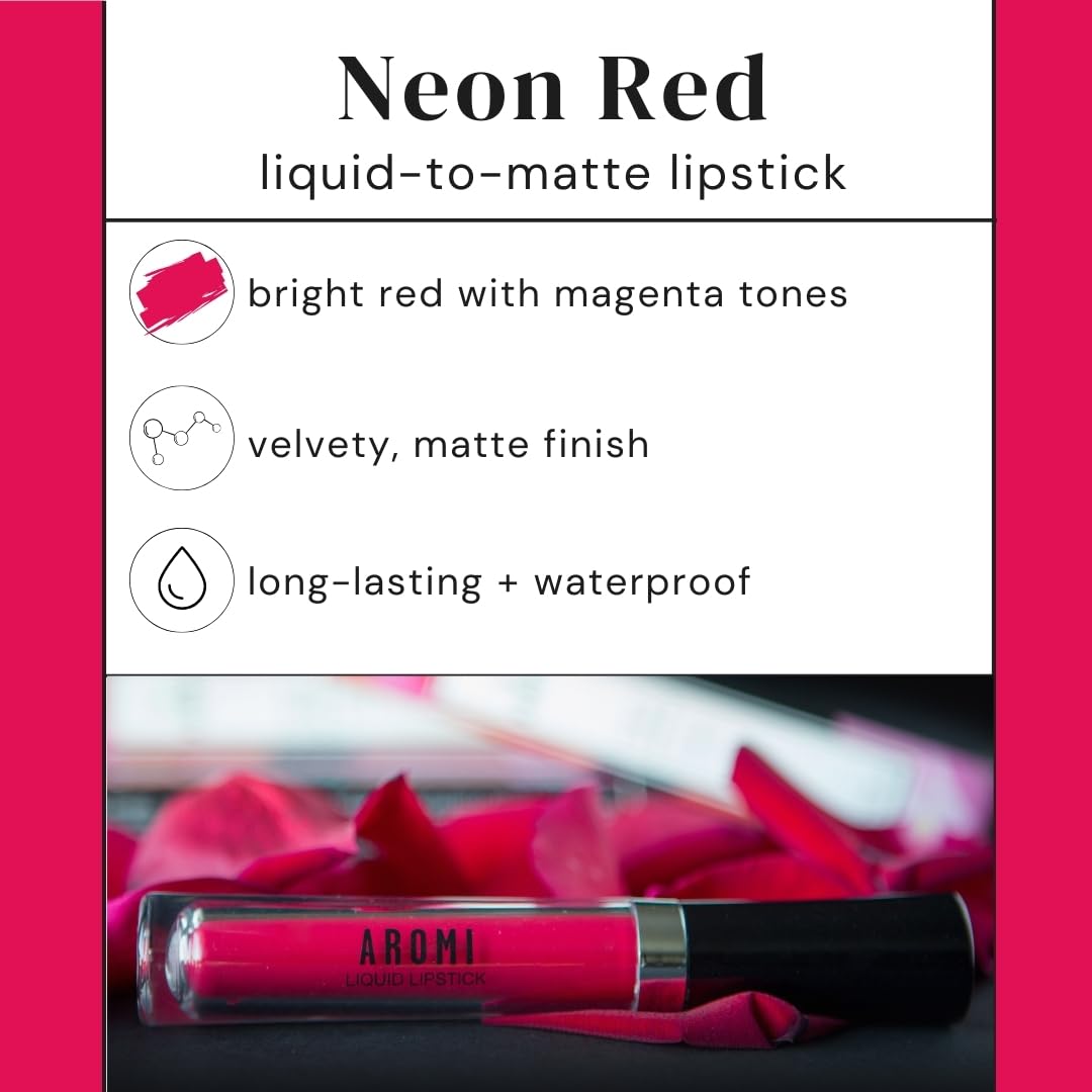 Aromi Matte Liquid Lipstick | Bright Magenta Red Lip Color, Long-Lasting, Transfer And Smudge Proof, Waterproof, Paraben, Phthal