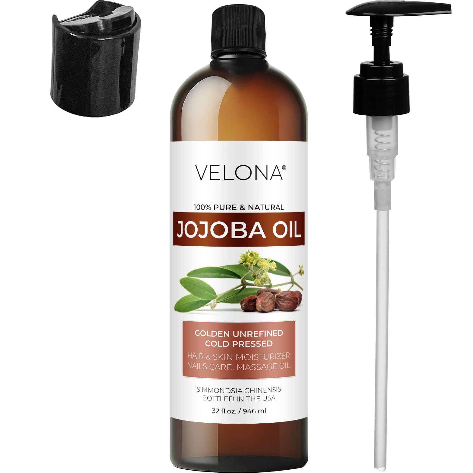 Velona Jojoba Oil - 32 Fl Oz (With Pump) | 100% Pure And Natural | Golden, Unrefined, Cold Pressed, Hexane Free
