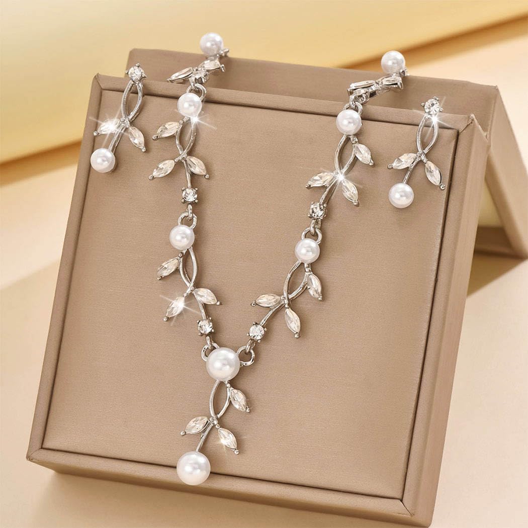 Unicra Silver Pearl Necklace Earrings Sets Rhinestone Bridal Wedding Jewelry Set Formal Prom Costume Jewelry Sets for Women and