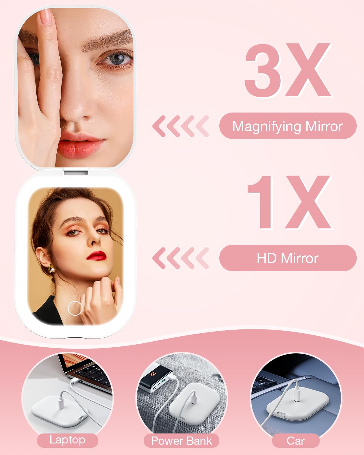 Gospire Ultra-Slim Lighted Travel Makeup Mirror With Lights And Magnification, Rechargeable 3X Magnifying Mirror With 3 Light Co