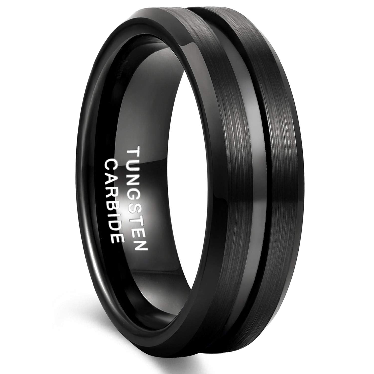 Greenpod 8mm Black Tungsten Wedding Band Ring for Men Grooved Center Brush Finish Comfort Fit Size 10