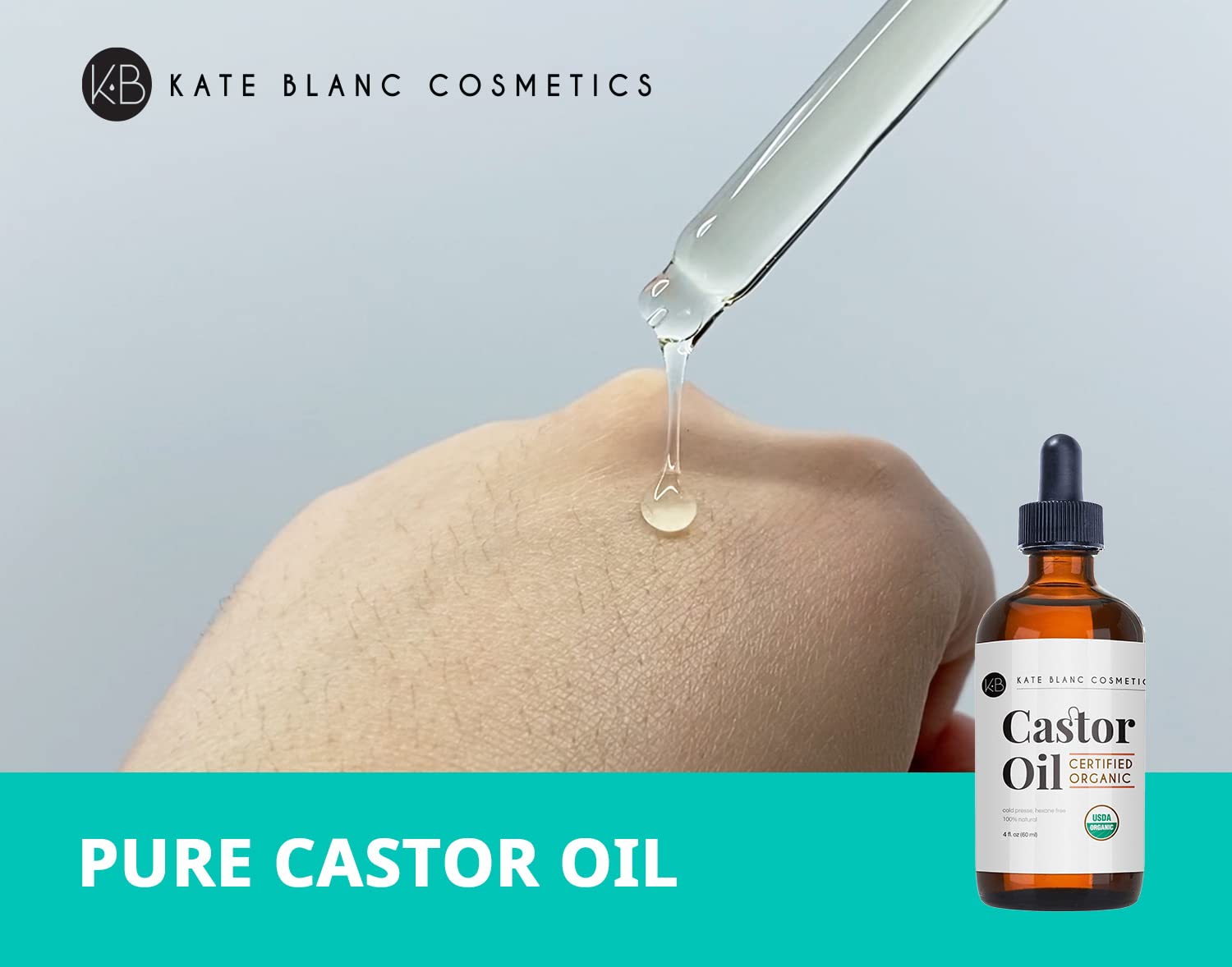 Kate Blanc Cosmetics Castor Oil Organic (4Oz), 100% Pure, Cold Pressed, Hexane Free. Natural Oil For Hair, Eyelashes, Eyebrows.