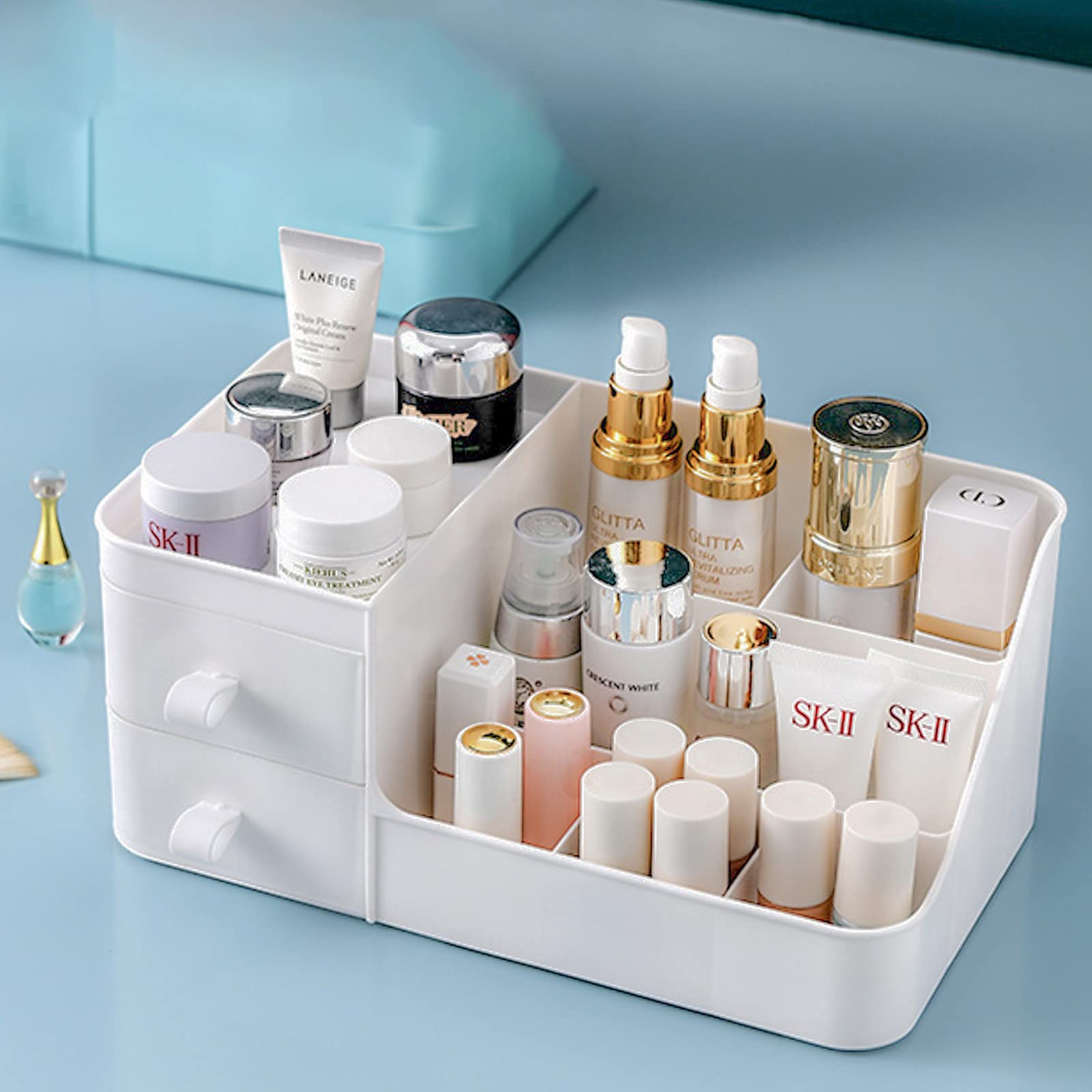 POFUOT skin care organizer,Makeup Desk Organizer With Drawers,Countertop Organizer for Cosmetics,Vanity brush with Holder for Li
