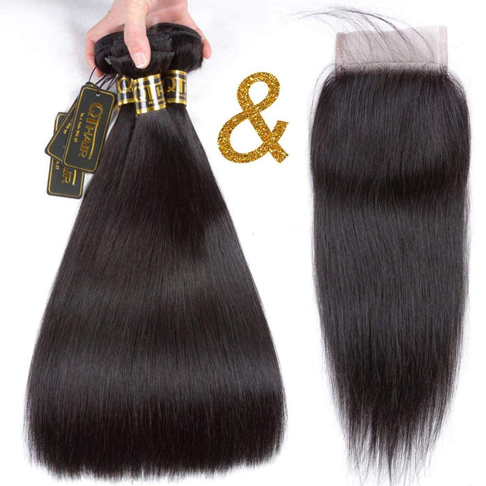 Qthair 14A Virgin Hair Straight Human Hair With Lace Closure (16 18 20+14) 100% Unprocessed Straight Brazilian Virgin Hair Weave