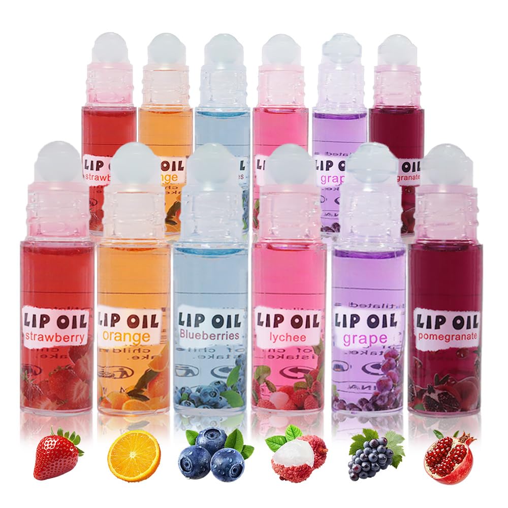 Kaely 12Pcs Mini Roll On Kids Lip Gloss, Fruit Flavored Lipgloss Set for Girls & Teens Party Favors, Hydrating & Moisturizing Li