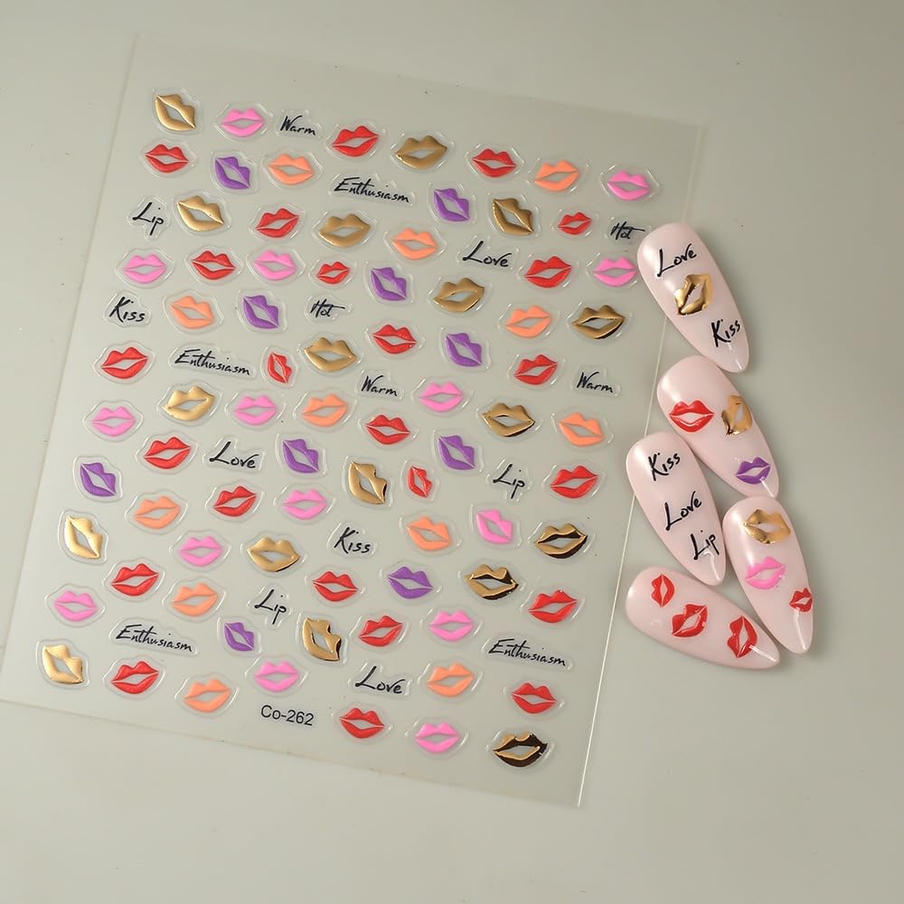 Lips Nail Art Stickers 5D Embossed Kiss Nail Stickers Self-Adhesive With Colorful Love Design Shiny Valentines Nail Decals Sprin