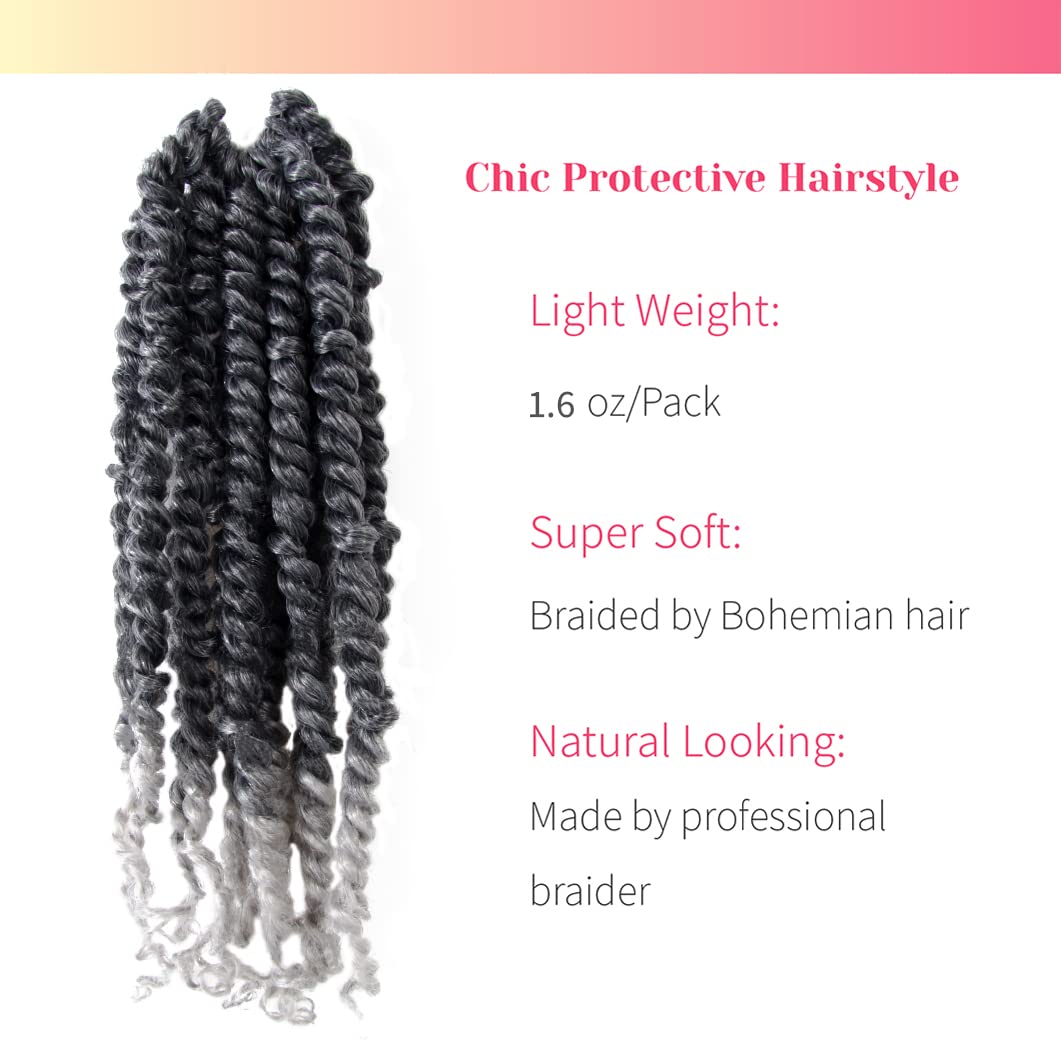 The Bohobabe Pre-Twisted Passion Twist Crochet Hair 12 Inch Short Pre-Looped Crochet Passion Twist Braiding Hair 8 Packs (T1B/Gr