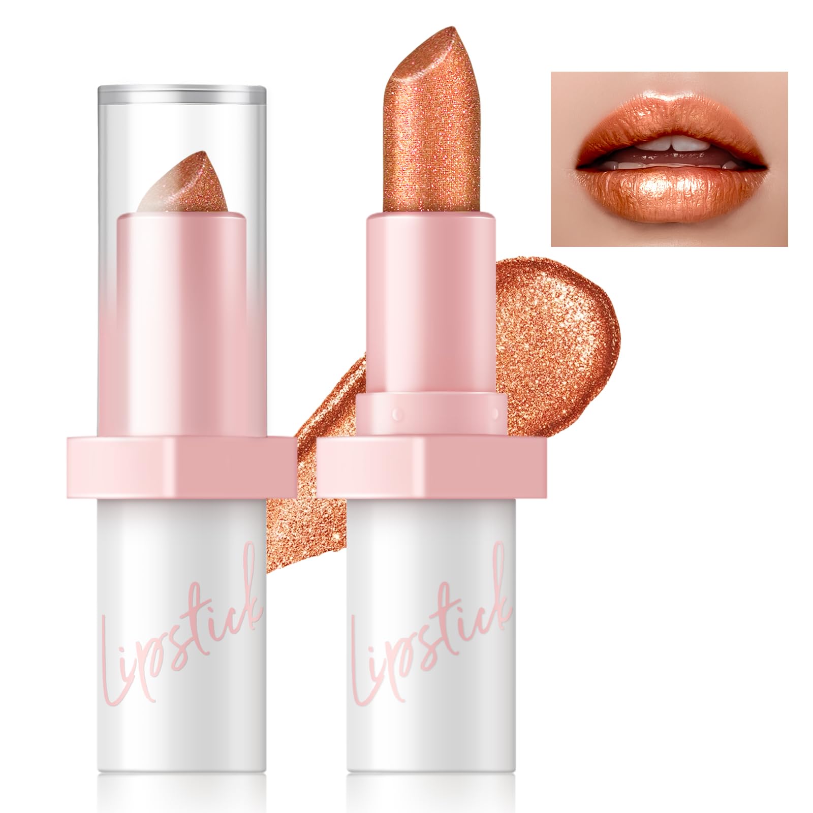 HOSAILY Metallic Coral Orange Lipstick Long Lasting, High Shine Glitter Diamond Creamy Lipstick Transfer Proof, Shimmer High Imp