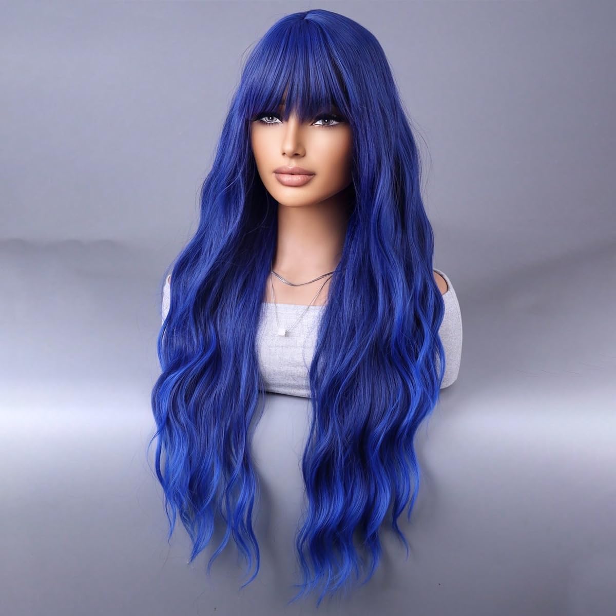 WTHCOS Dark BLue Long Curly Wavy Hair Wig With Bangs for Women Blue Wig Heat Resistant Synthetic Hair Wigs for Daily Use Cosplay
