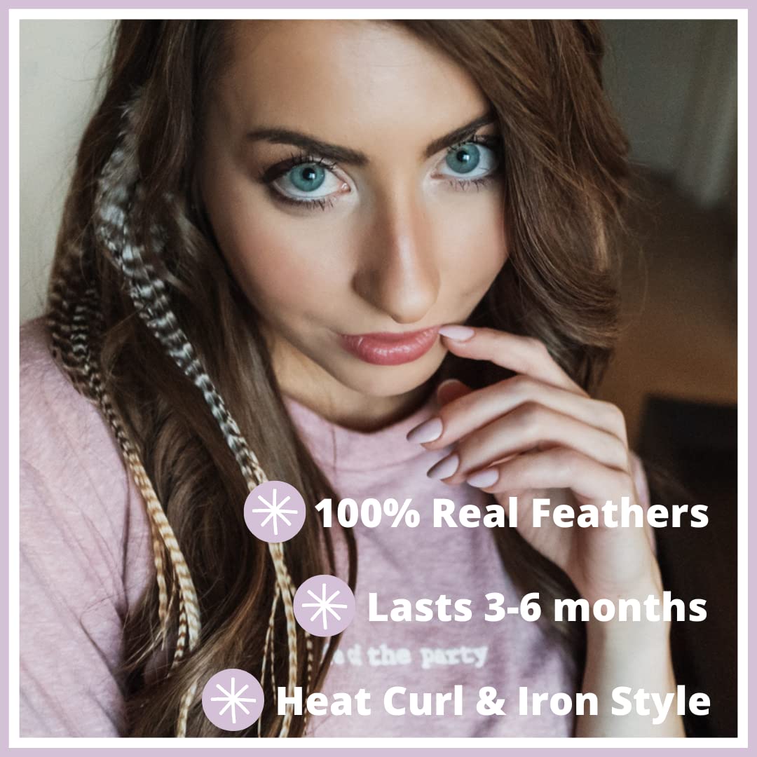 Natural Hair Feathers, Real Long Feather Hair Extensions With Bead Loop Kit, 20 Long Thin Tie Dye Ginger Brown And Black And Whi