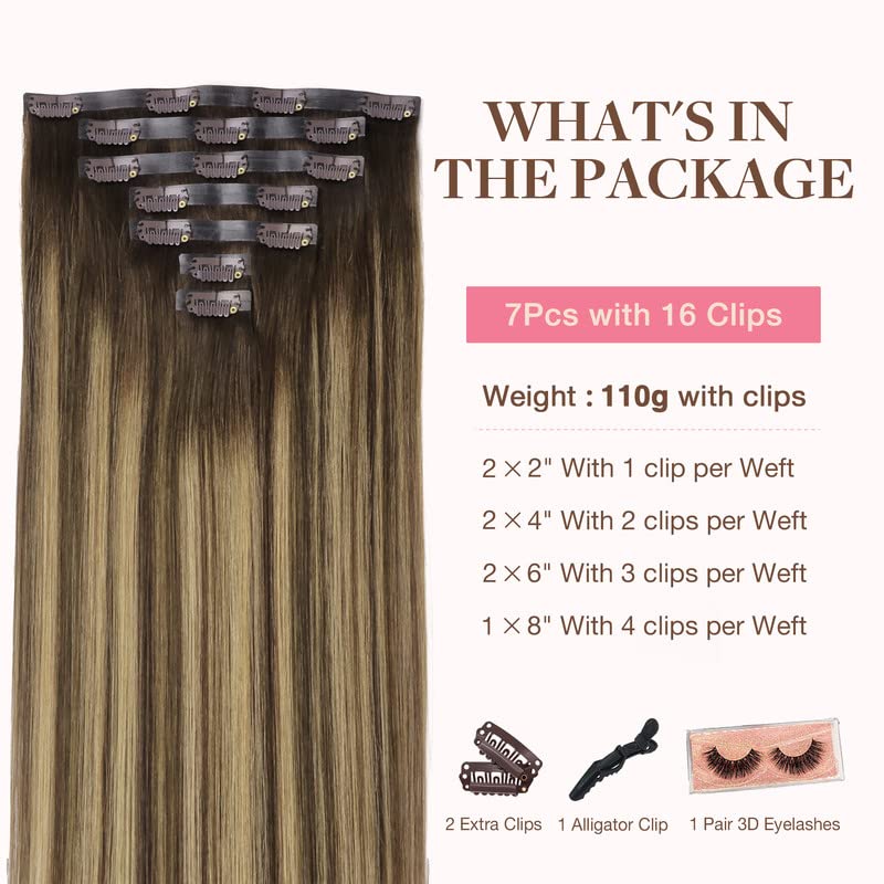 GOO GOO Clip in Hair Extensions Real Human Hair, 14inch 110g 7Pcs, 4/27/4 Balayage Chocolate Brown to Caramel Blonde, Remy Human