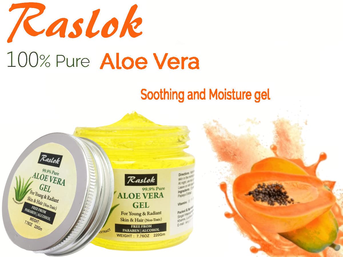Raslok Aloe Vera Gel Pure Natural Organic Aloe Gel For Moisturizing Face Skin & Hair Care (Papaya, 7.76 Oz.)