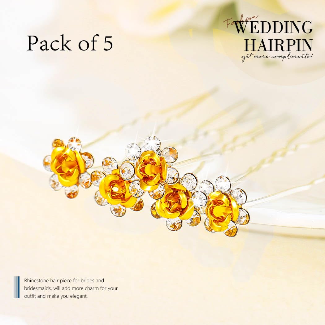 Bartosi Flower Bride Wedding Hair Clips Gold Flower Hair Pins Bridal Hair Pieces Hair Accessories for Women and Girls (Pack of 5