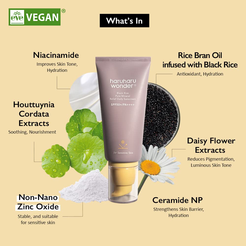 Haruharu Wonder Black Rice Pure Mineral Relief Daily Sunscreen, Spf50+/Pa++++, Broad Spectrum Uva/Uvb, Octinoxate & Oxybenzone F