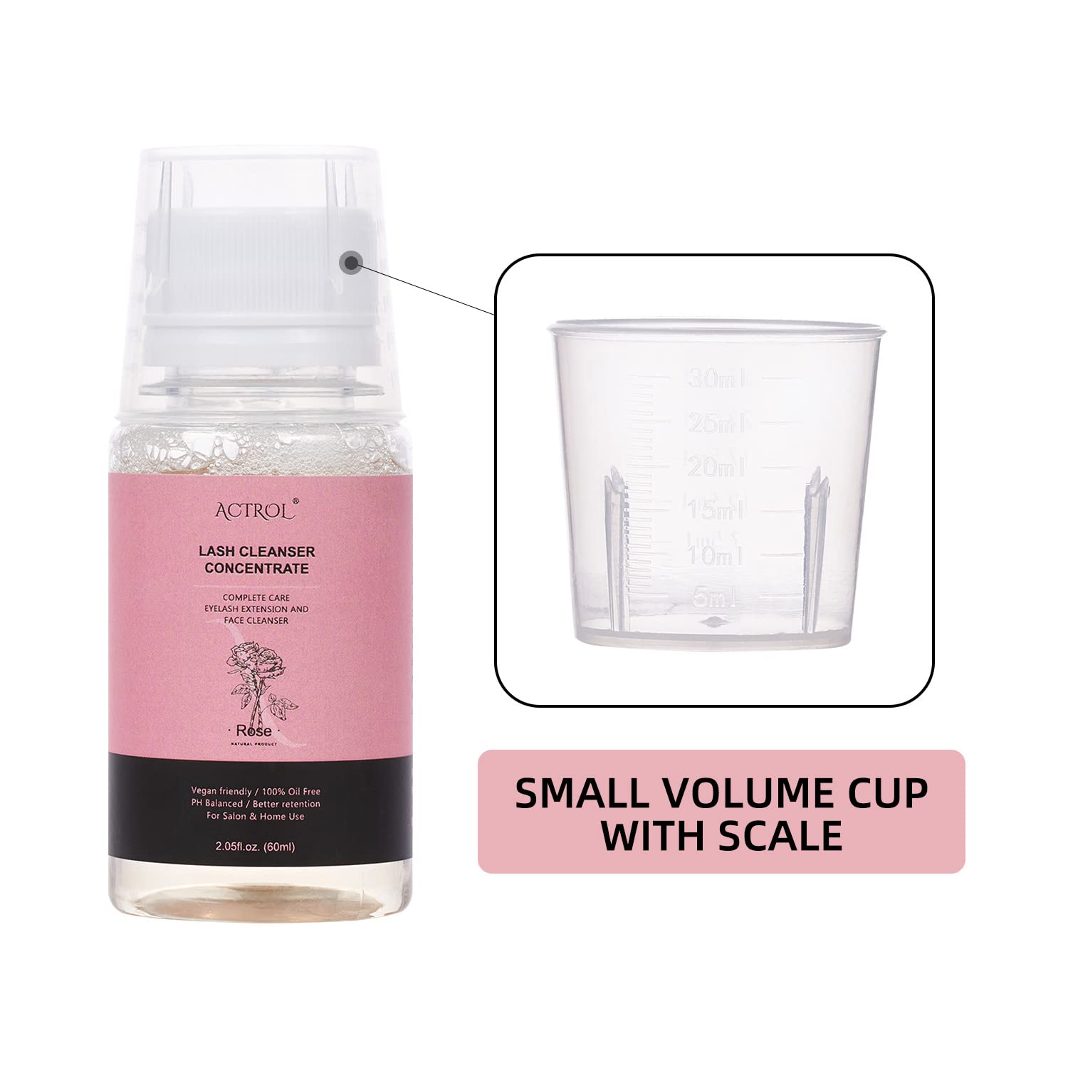 ACTROL Eyelash Cleanser Concentrate 60ml Rose Professional Lash Shampoo Foaming Cleanser DIY Wash for Extensions Lashes with Sal
