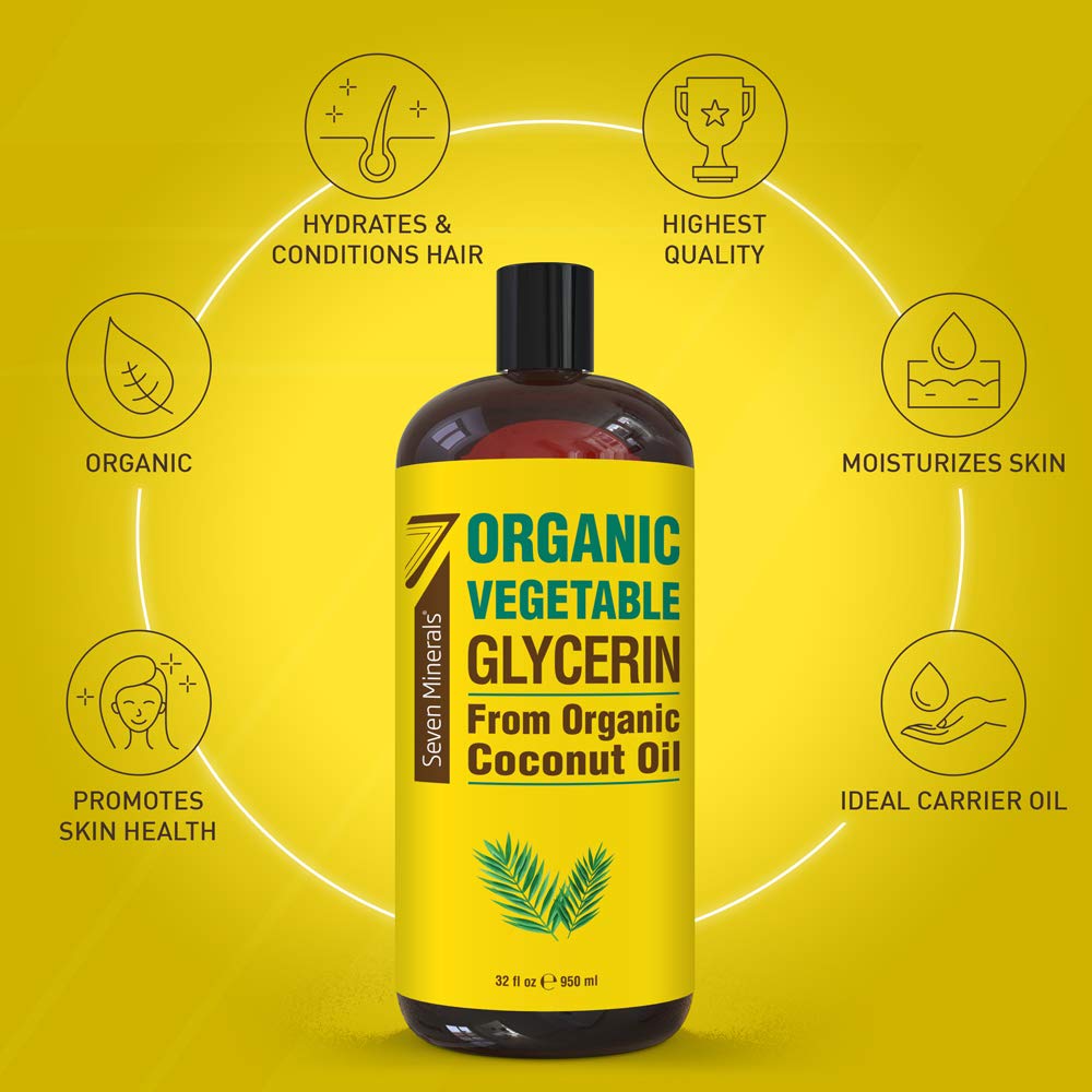 Seven Minerals, Organic Vegetable Glycerin - Big 32 fl oz Bottle - No Palm Oil, Made with Organic Coconut Oil - Therapeutical Gr