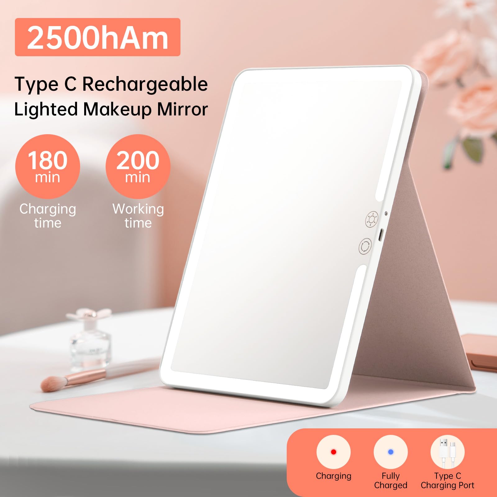 Funtouch 2500Mah Large Rechargeable Travel Makeup Mirror With Lights, Portable Makeup Mirror With 10X Magnifying Mirror 3 Lighti
