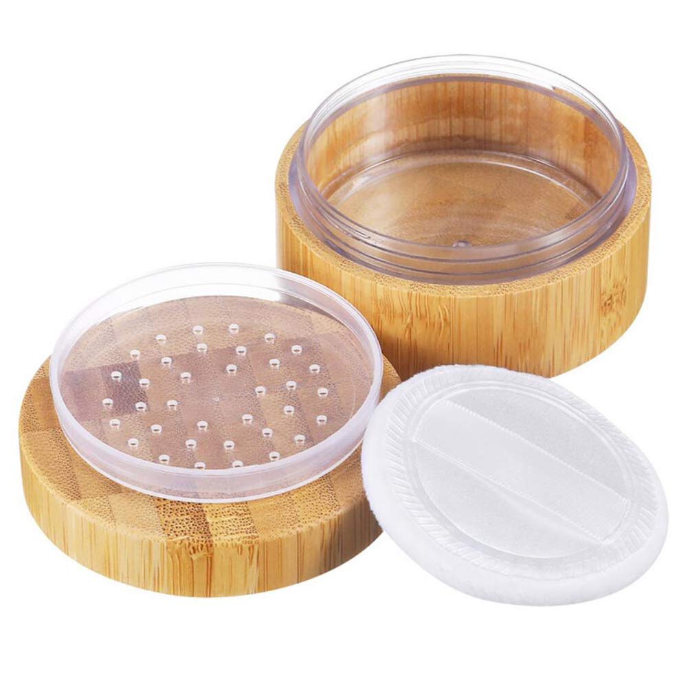 1Pk (30Ml/1Oz) Bamboo Empty Loose Powder Puff Case Container With Soft Sponge Puff And Sifter Lids Refillable Face And Baby Skin