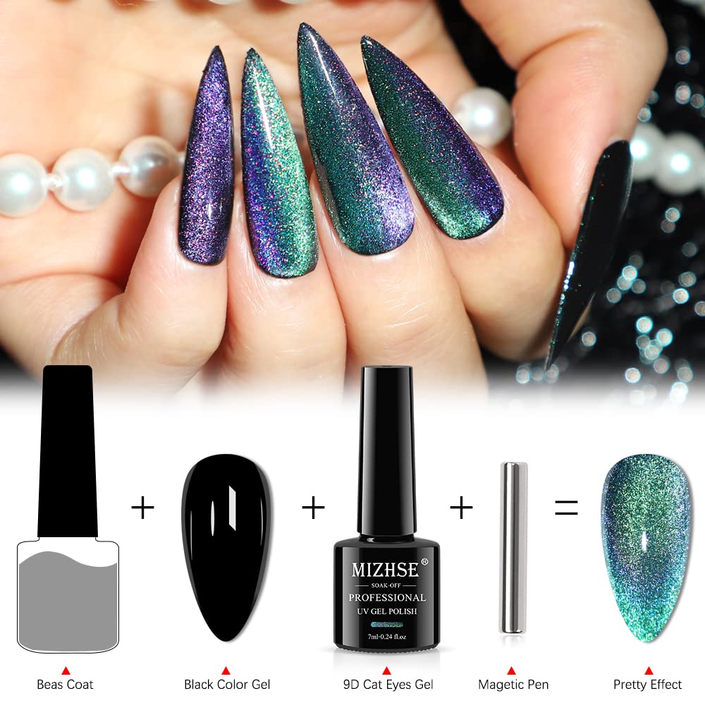 Mizhse 2 In 1 9D Cat Eye Gel Nail Polish Kit, Upgraded No Need Extra Top Coat, Magnetic Gel Polish Set With Magnet, Shiny Chamel