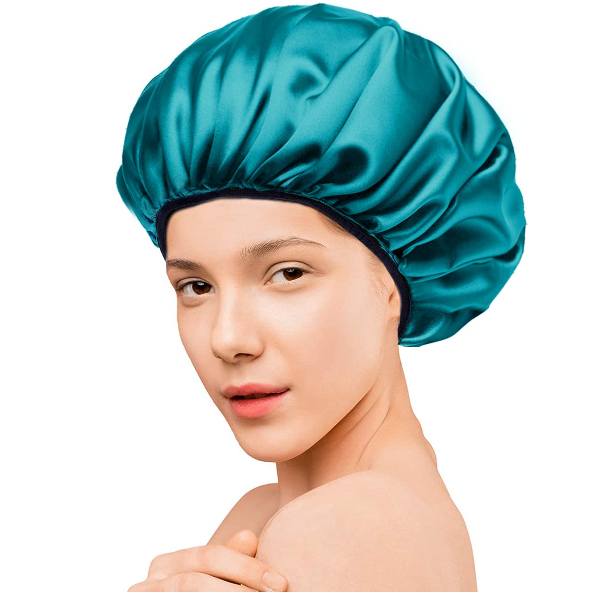 Aquior Shower Cap,Extra Large Triple Layer Bathing Cap With Dry Hair Function For Women Microfiber Terry Cloth Silky Satin 100%