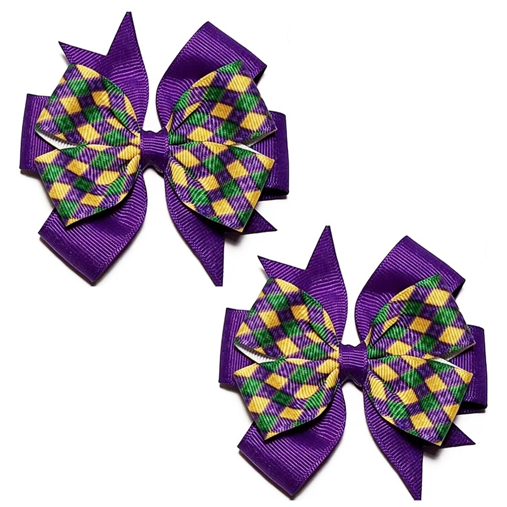 Ahoney Mardi Gras Hair Bow Clips, 3.5 Purple Yellow Green Hair Accessories Barrettes Pins Alligator Clips for Women Girls Outfit