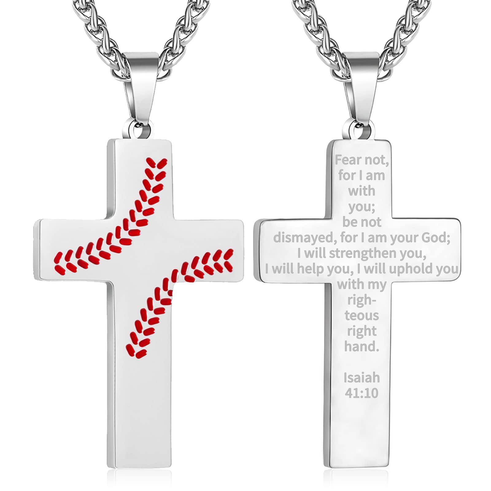 Zocomi Cross Necklace for Men Baseball Pendant Chain Silver Stainless Steel Religious Christian Baptism First Communion Confirma