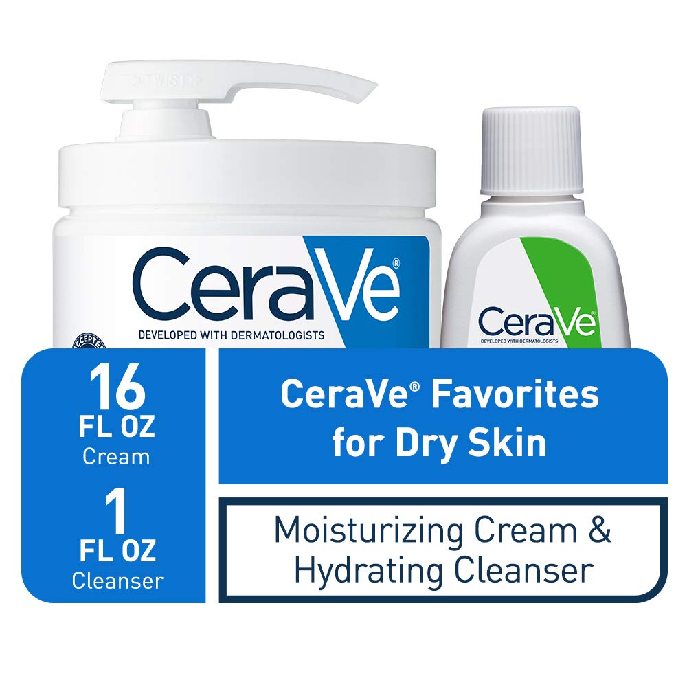 CeraVe Moisturizing Cream Combo Pack - 16 oz with Pump + 1 oz Hydrating Facial Cleanser Trial Size - White
