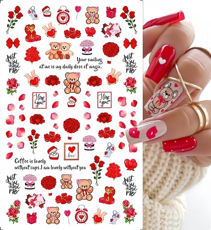 8Pcs Love Heart Nail Art Stickers Valentine'S Day 3D Self-Adhesive Nail Decals Sexy Lips Nail Supplies With Rose Bears Valentine