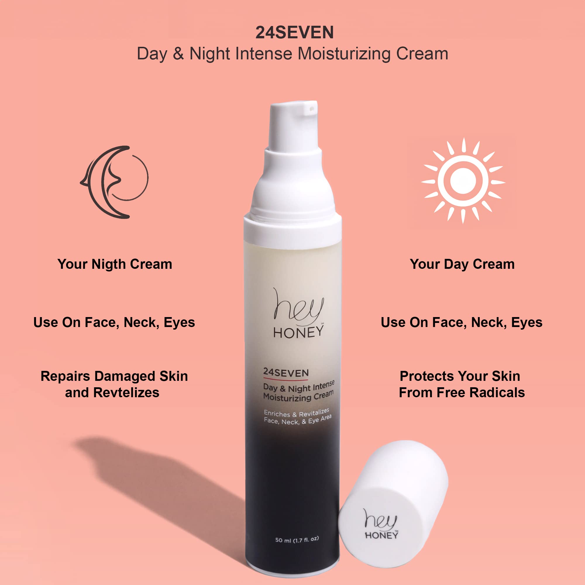 Hey Honey,24Seven,Honey Day & Night Cream.For face, neck & eye area.Rich Pro-Beautiful-Aging moisturizer designed for use day &