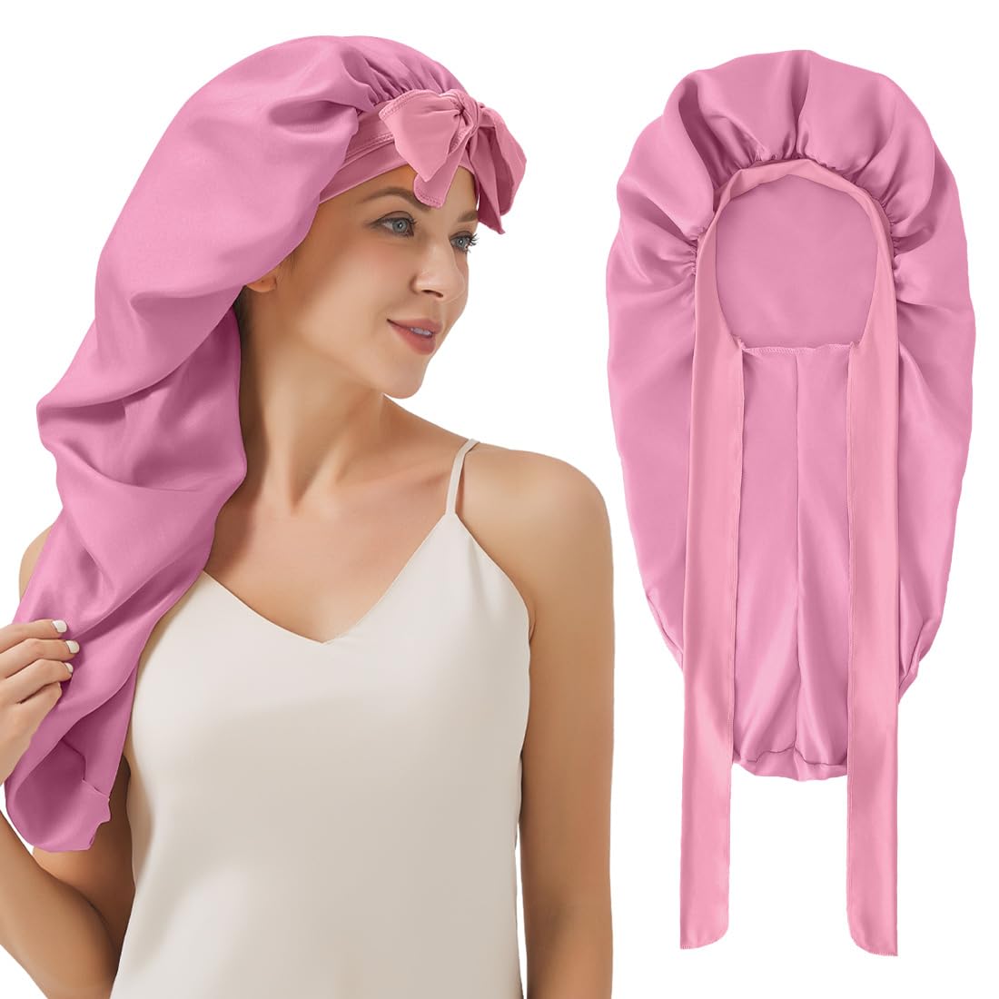 Long Satin Bonnet For Sleeping, Satin Lined Braid Bonnet With Elastic Band, Adjustable Long Strap Bonnets For Women Braids(Rose