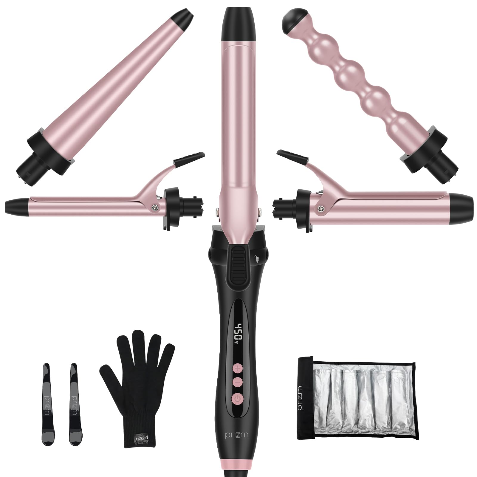 Prizm Curling Iron Set With Clamp,5 Interchangeable Barrel Curling Wand,Hair Wand 11 Lcd Adjustable Temp,0.6 To 1.25 Inch,Bubble