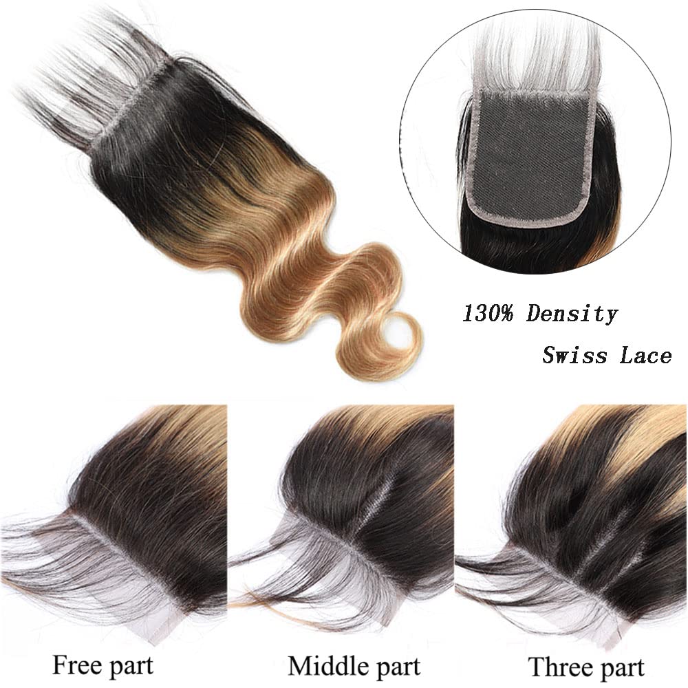 Isufer 1B/27 Closure Pre Plucked Ombre Lace Closure Human Hair Transparent Lace Free Part 4X4 Lace Front Closure With Baby Hair