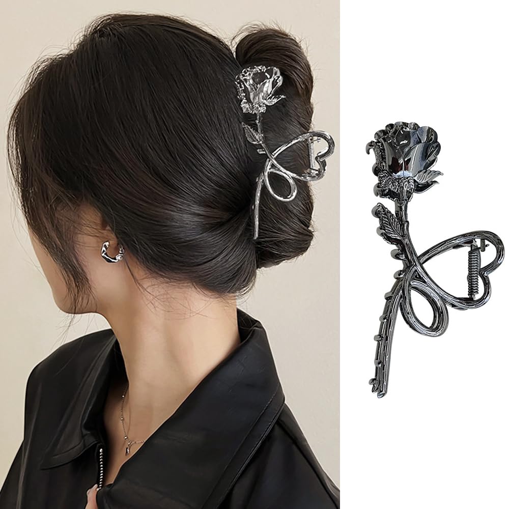 Flower Hair Claw Clips Metal Gunmetal Black Rose Hair Clips Large Heart Non-Slip Hair Jaw Clips for Women and Girls Trendy Hair 