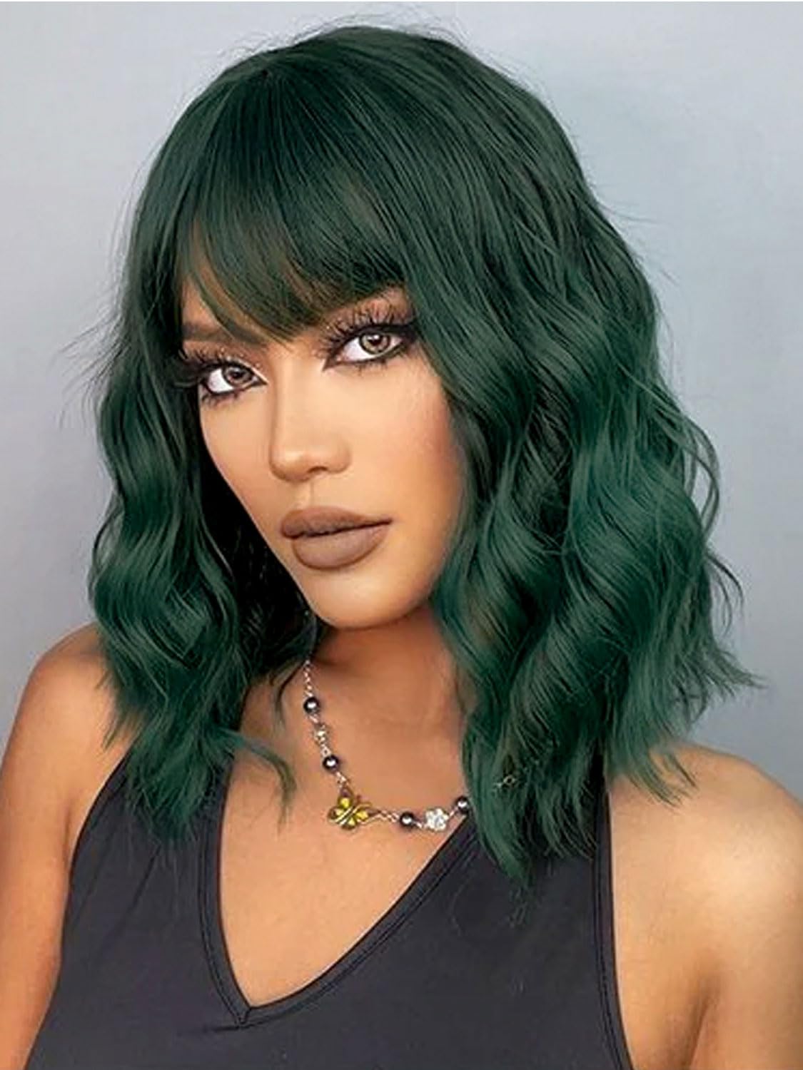 LOSMOEER Dark Green Wig with Bangs Short Wavy Wigs for Women Shoulder Length Curly Bob Wigs Heat Resistant Synthetic Wigs for Ha